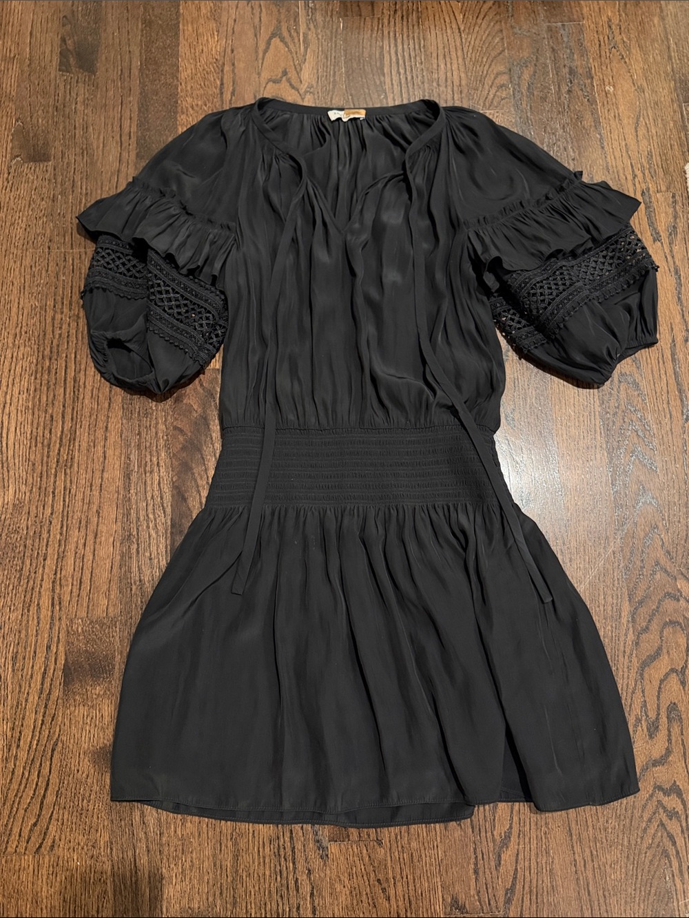 Ramy Brook Black Smocked-Waist Mini Dress with Crochet Puff Sleeves